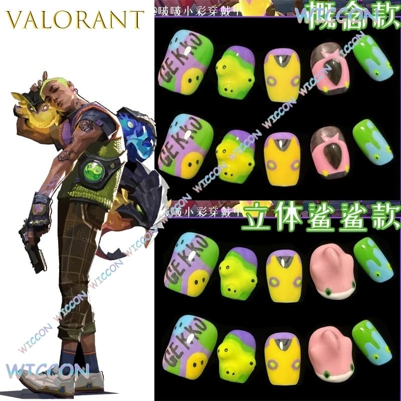 VALORANT Jett Gekko Vyse Monster Egg Press On Nail Y2K Estetica Carino Brutto Creatura Matte Glow Neon Metallo Rosa Artiglio Cosplay Nail