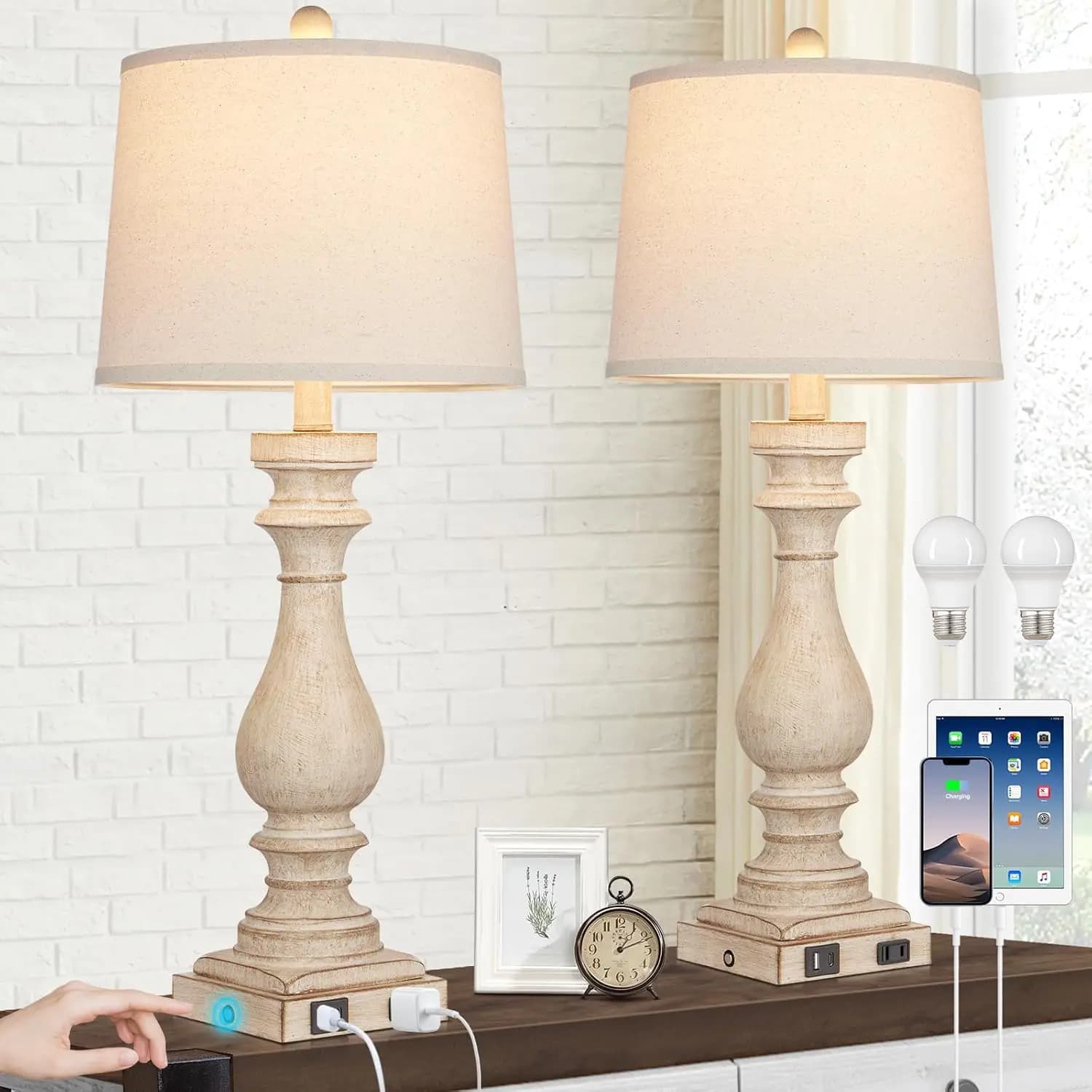 Set di 2 Lampade da Tavolo Stile Fattoria con Porte USB C+A, Presa AC e Controllo Touch Dimmerabile per Soggiorno o Camera da Letto