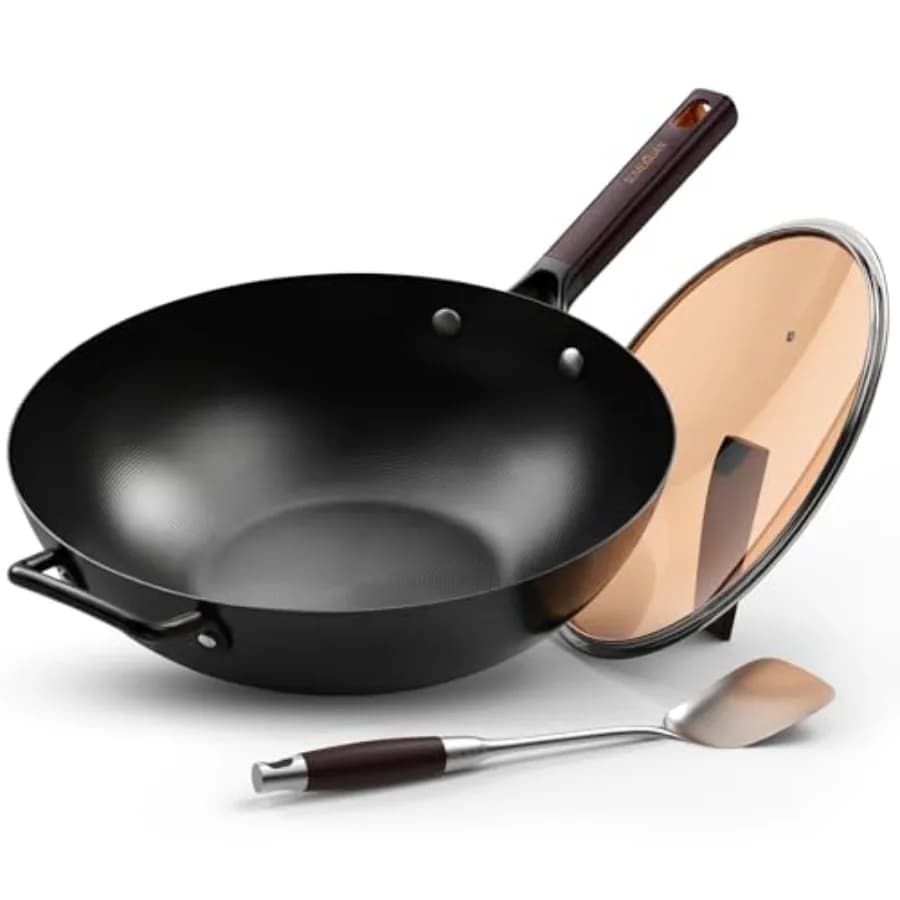 Wok in Acciaio al Carbonio da 13,5 Pollici - Padella Pretrattata con Fondo Piatto e Coperchio, Utensile da Cucina Cinese con Spatola - Per Frittura e Saltare in Padella