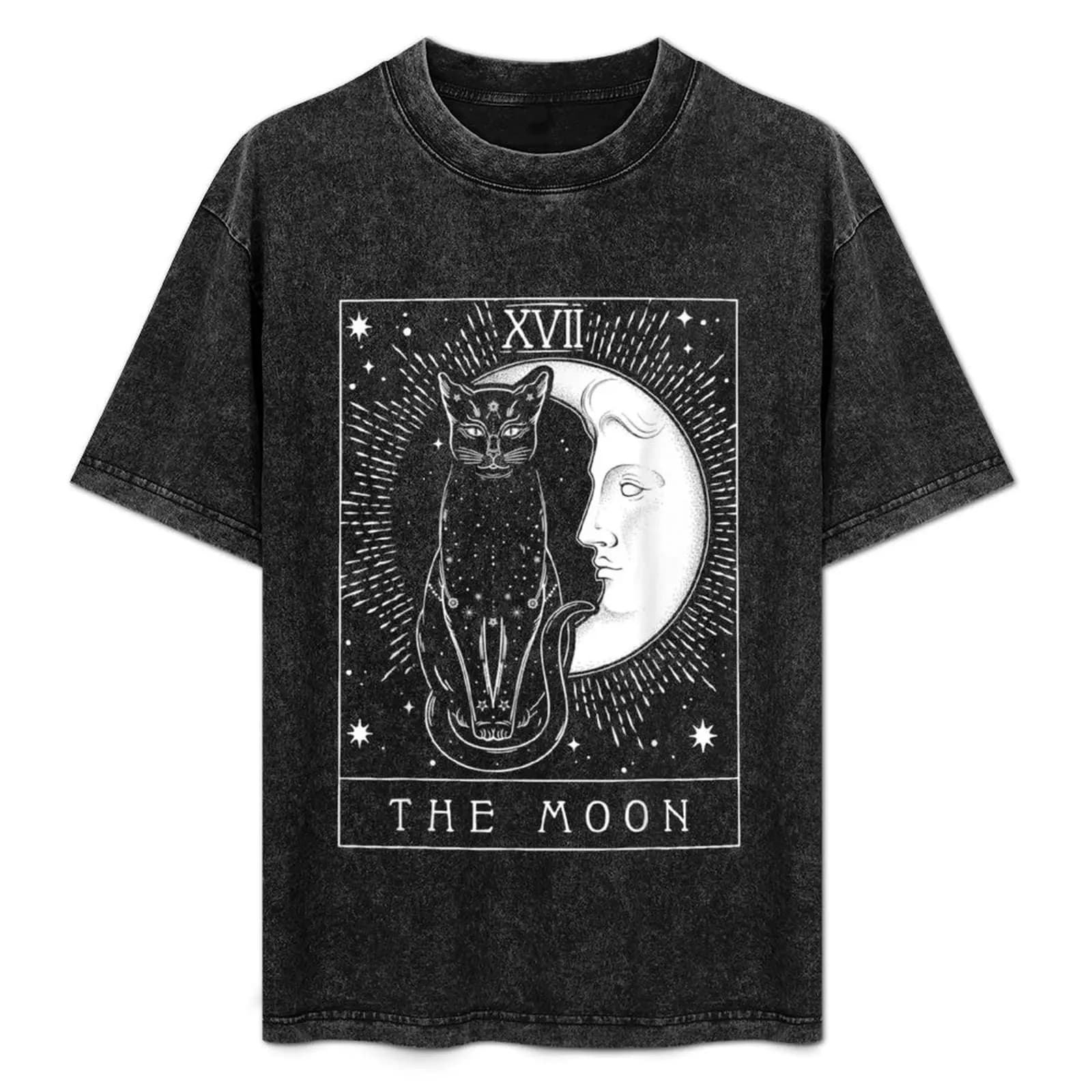 T-shirt con carta dei tarocchi, luna crescente e gatto, t-shirt estiva leggera e casual