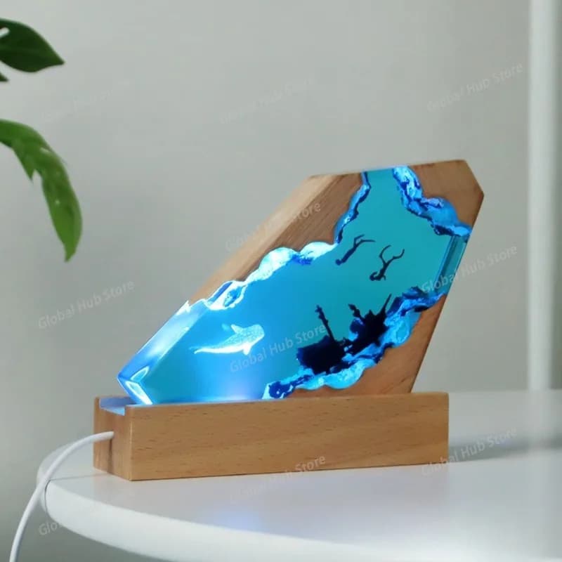 Marine Micro-landscape Resin Night Light Handcrafted Ornaments, Epoxy Resin Solid Wood Lamp Base Handicrafts