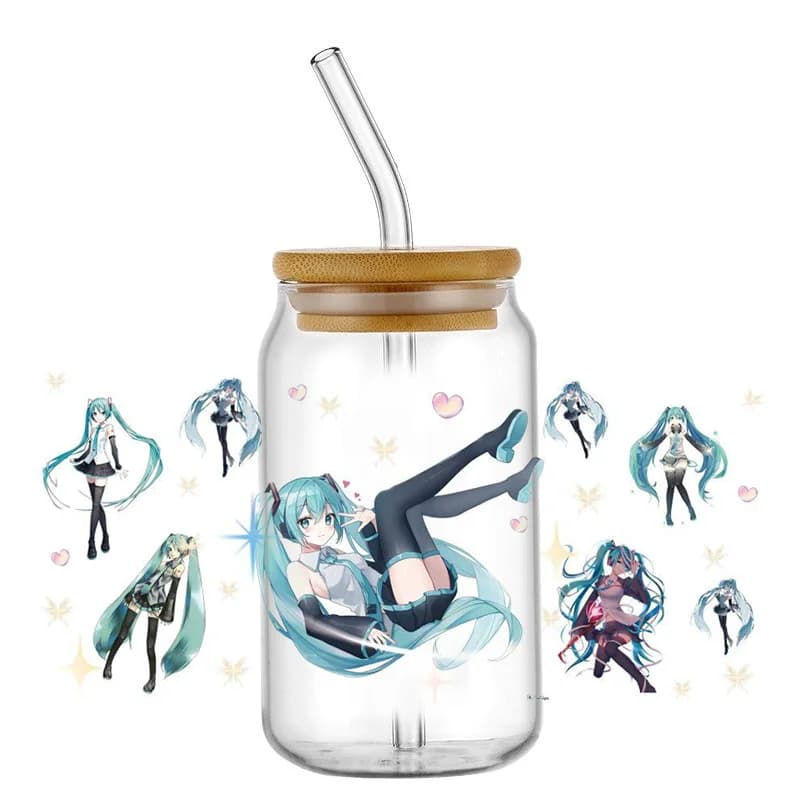 Miniso 60 Design Hatsune Miku Japan Anime UV DTF Adesivo di trasferimento 3D Demon Slayer Trasferimenti impermeabili Decalcomanie per vetro da 16 once