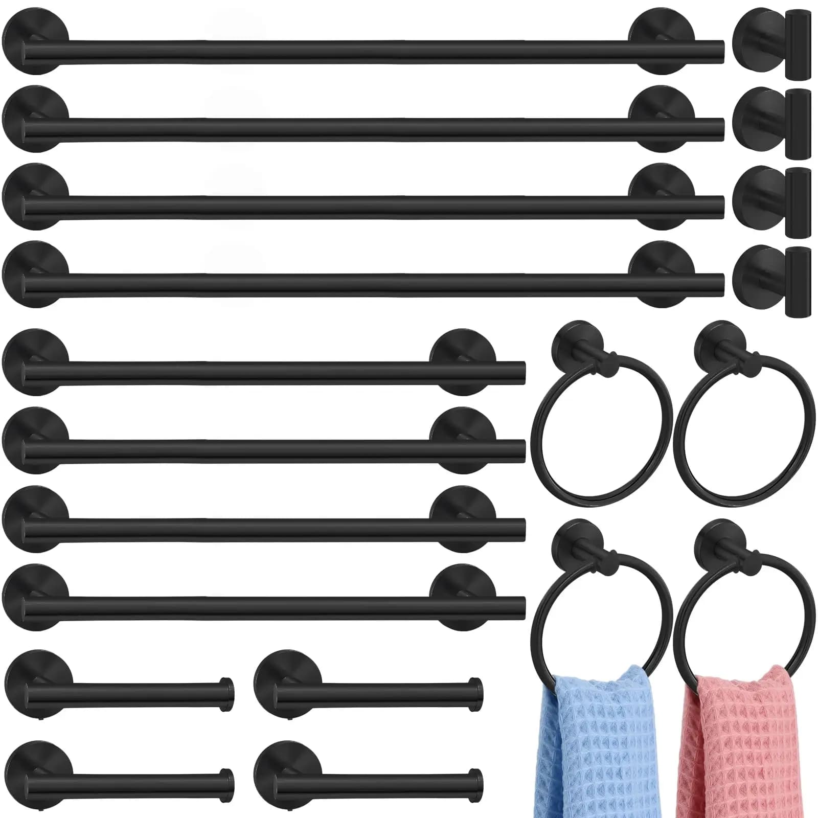 Set di 25 Accessori per Bagno in Acciaio Inox Nero Opaco: Portasciugamani, Anelli, Portarotolo, Ganci Appendiabiti