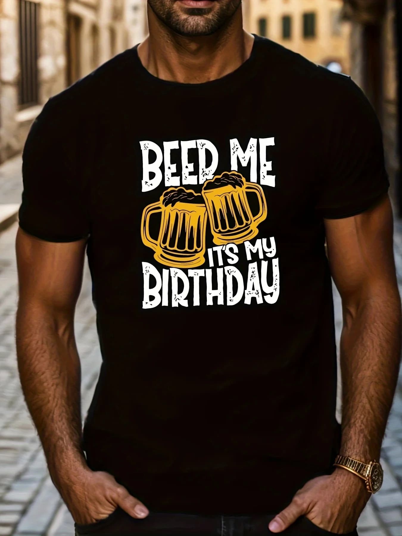 BEER ME IT'S MY BIRTHDAY Modello Stampa Maglietta da uomo girocollo a maniche corte T-shirt casual Estate Trendy Leggero Top elasticizzato