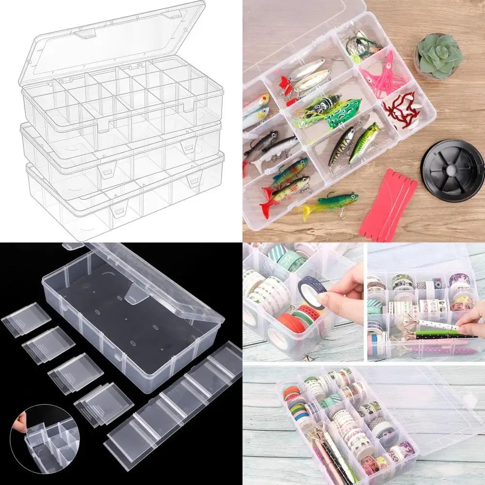 Large plastic storage box with 15 grids with partitions for craft supplies, equipment, beads, Washi adhesive tape, ribbons