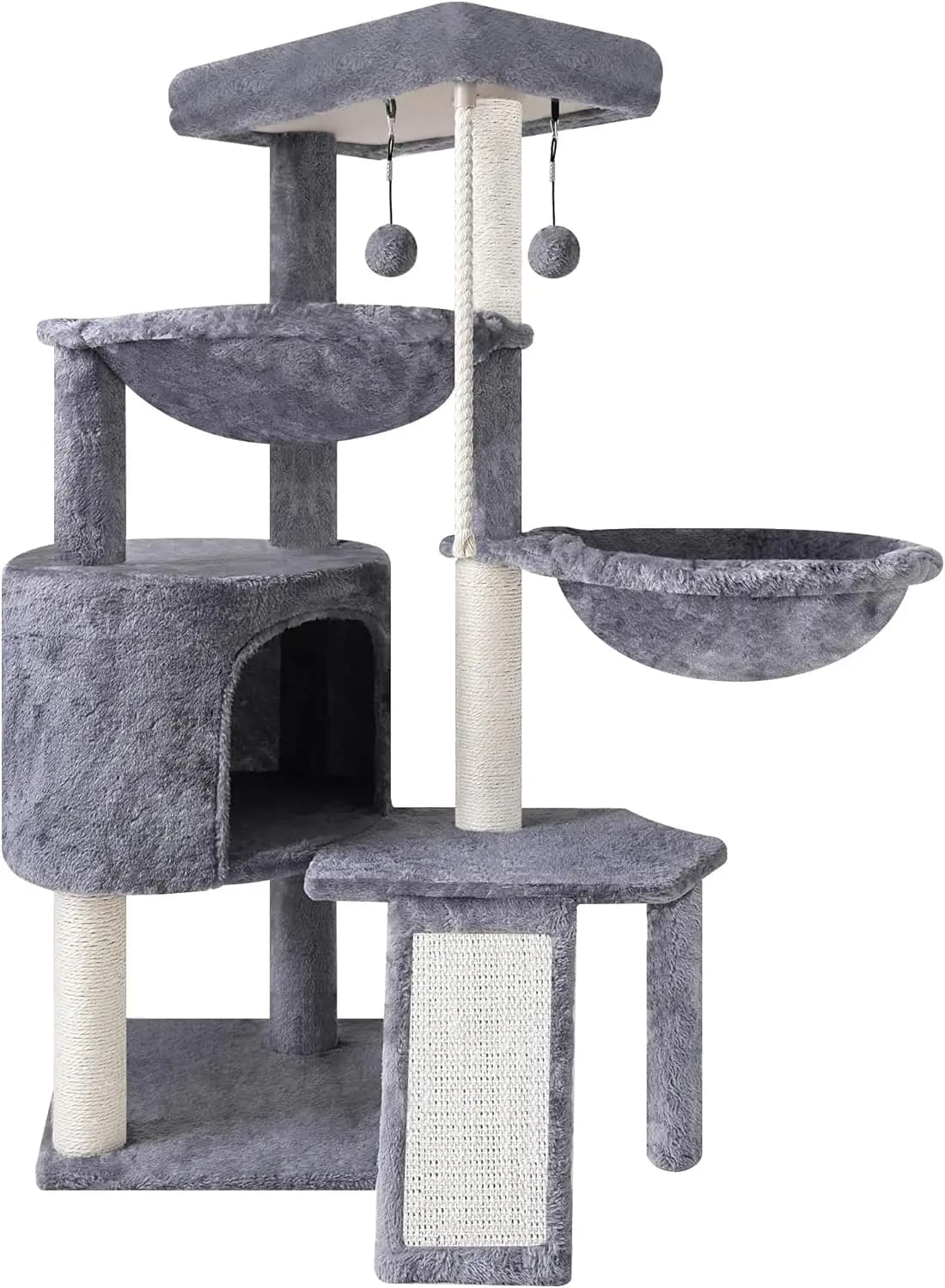 Albero per Gatti a Tre Livelli con Cuccia e Due Amache, Grigio - Casetta Gioco Accogliente per Gatti