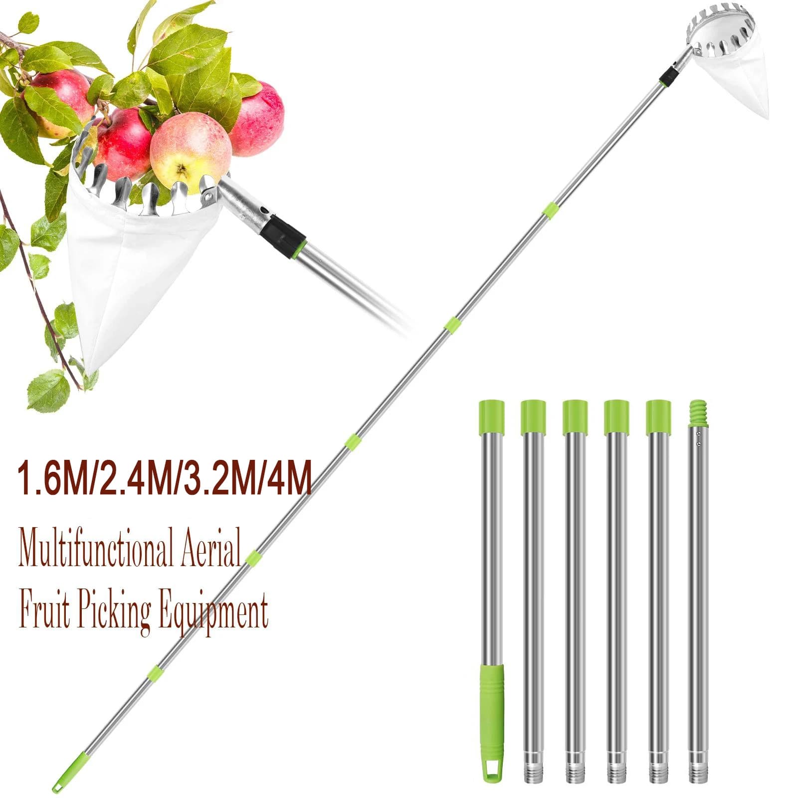 Stainless Steel Splicing Rod Fruit Picker 1.6/2.4/3.2/4M Telescopic Pole High Tree Orchard Picking Tool For Farm Garden Supplies