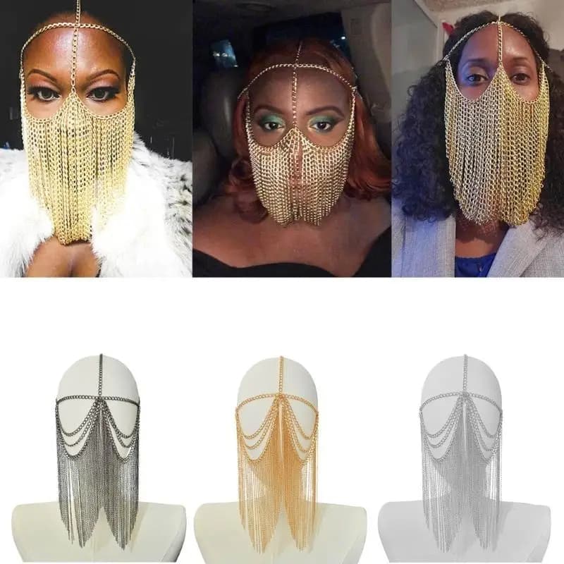 39BD Tassels Face Chain Party Mask Women Punk Masquerade Mask Face Headwear Chain