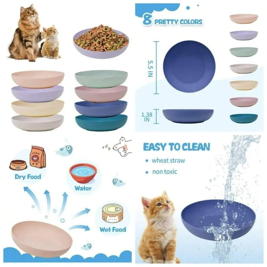 【Nuovo stile】 Confezione da 8 ciotole piatte e larghe per cibo e acqua per gatti, resistenti e ecologiche, in paglia di grano, per gatti da interno ed esterno