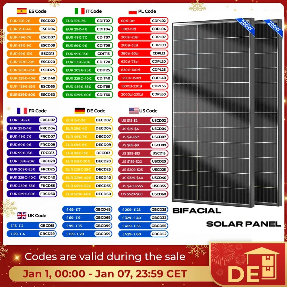 RVPOZWER 200W 12V Pannelli per sistemi solari a doppia faccia Pannelli monocristallini 16BB Celle solari Alimentazione fotovoltaica per barca sul tetto domestica