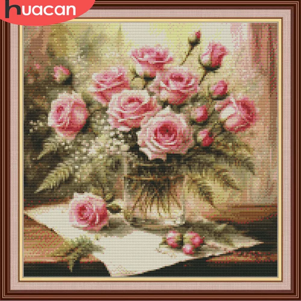 HUACAN Cross Stitch Kits Rose Flower Embroidery Sets Floral Needlework Dmc Threads 11Ct Picture Printed Canvas Home Decor