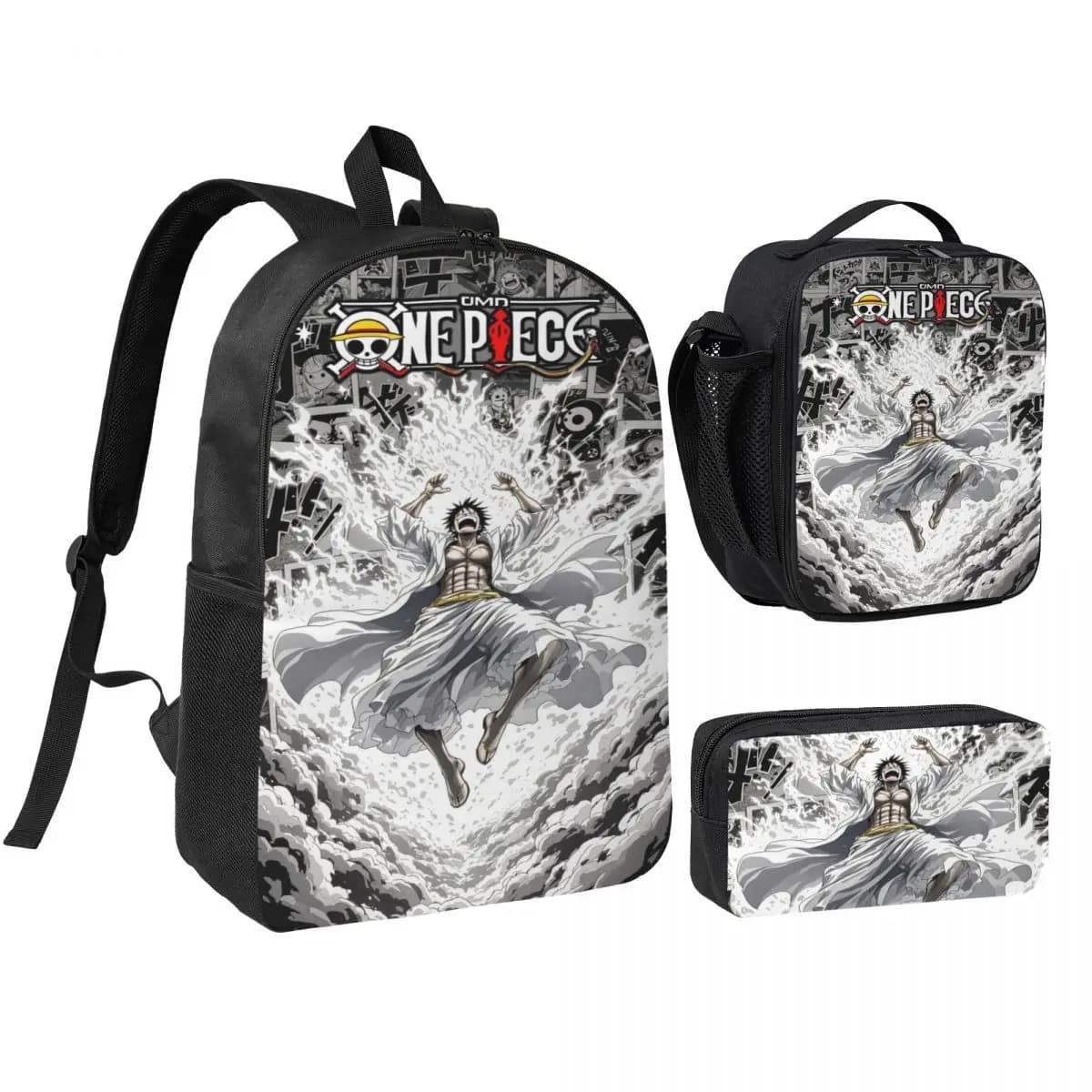 3Pcs Luffys O-one-pieces Prints Backpack Set for Kids Pencil Boxes Bookbag Sets with Lunch Box For School Students Daypack