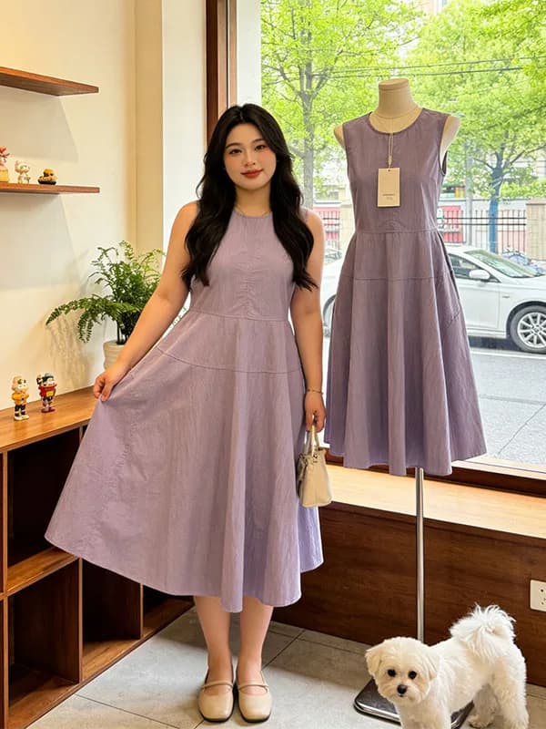 Nuovo Abito Estivo da Donna Taglie Forti Viola Elegante con Vita Stretta Senza Maniche Vestito Comodo Traspirante per il Tempo Libero