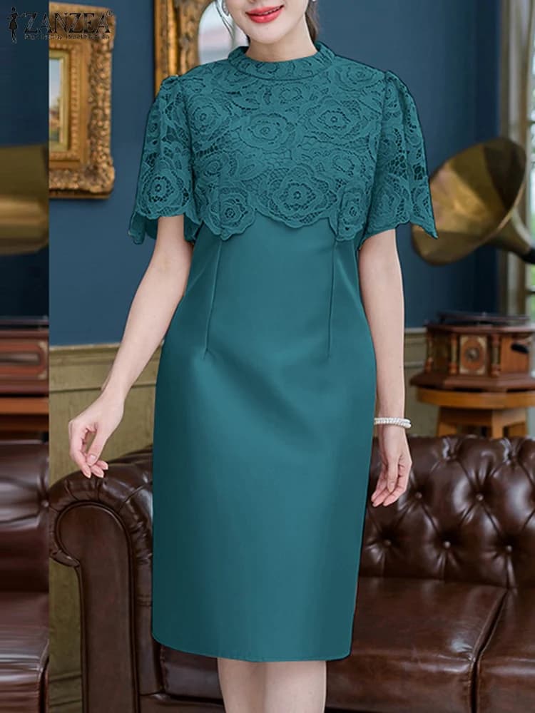 ZANZEA 2026 Summer Dress Elegant Woman's Dress with Lace and Patchwork, Business and Party Dress, Fashion With Neckline O, Sleeves Court, Satin, Midi Length, Elegant Dress