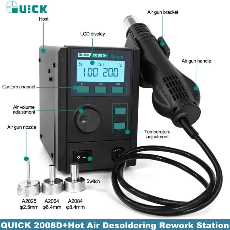 QUICK 2008D + Pistola ad aria calda 750W Stazione di rilavorazione dissaldante Intelligente Auto Hibernaiton per PCB del telefono Riparazione efficiente della saldatura