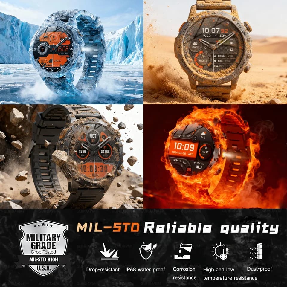New Military Smartwatch 2025 with 1000mAh Battery, IP69 Waterproof, GPS, Bluetooth Calls, HD AMOLED Display, Men's Sport Watch