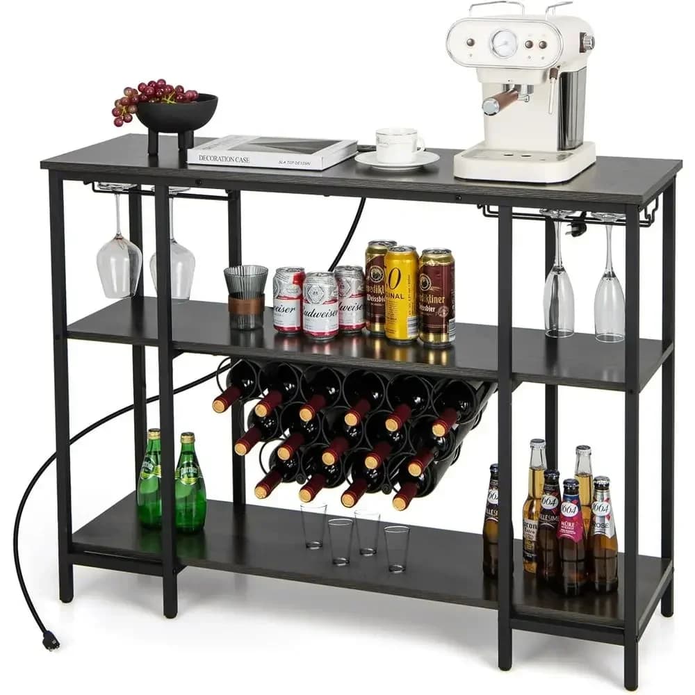 Gray Kitchen Bakers Rack with 2 Wine Glass Holders, 15 Bottle Storage, Charging Station for Dining Room