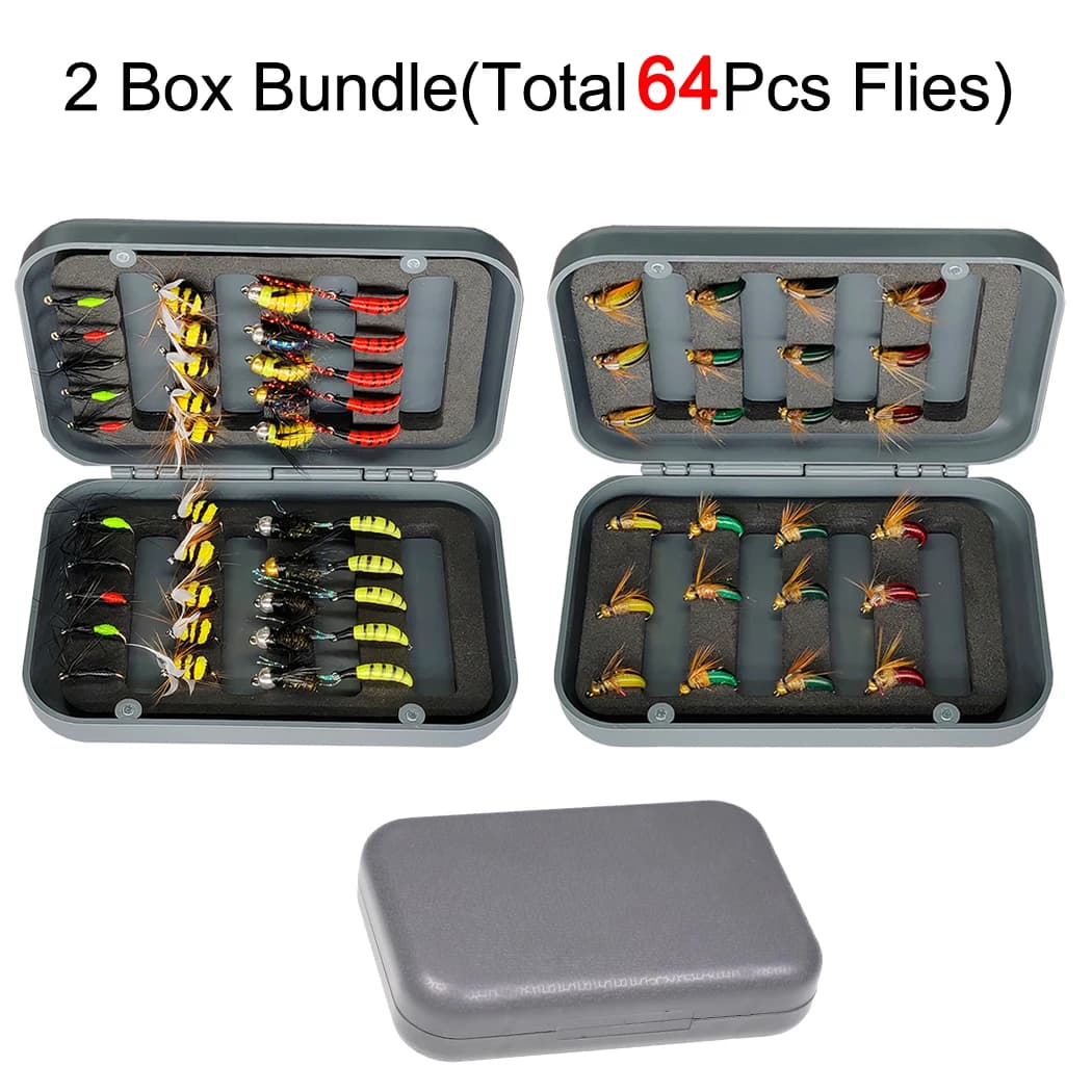 Pack of 2 boxes (total 64 flies) fly fishing bait dry flies, artificial nymph bait for fishing with bait for trout salmon bass equipment