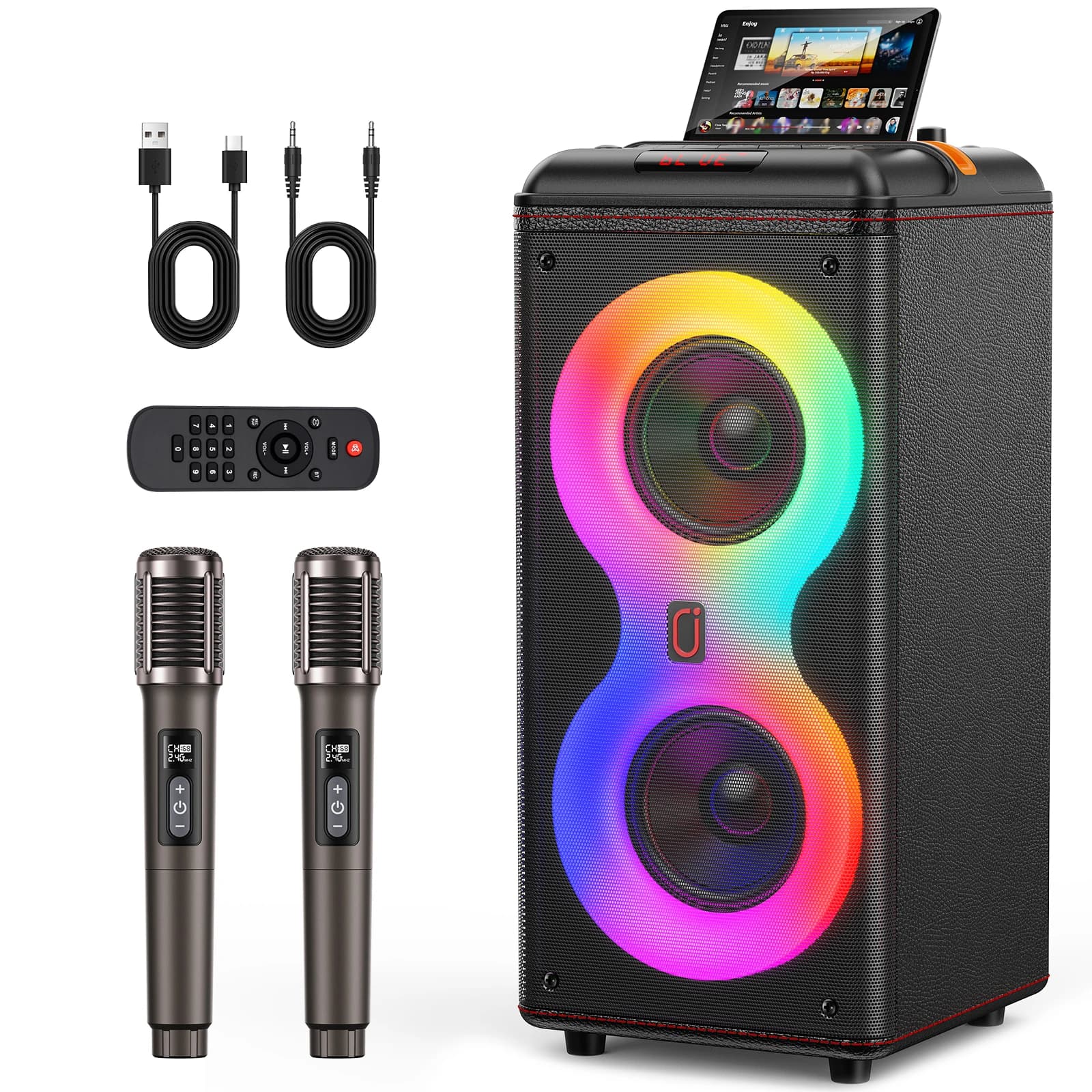 T39 Karaoke Machine with 2 Wireless Microphones, Portable Bluetooth Karaoke for Adults, Powerful Dual 8" Subwoofer Karaoke Boombox, LED Lights, 3D Sound, Support TV/USB/AUX/TF for Home Party