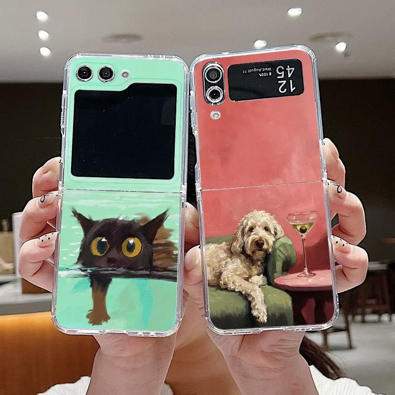 Oil Painting Cartoon Yellow Dog Black Cat Phone Case for Samsung Galaxy Z Flip 7 Flip6 5 4 3 5G Folding Cover for Z Flip7 Flip 5
