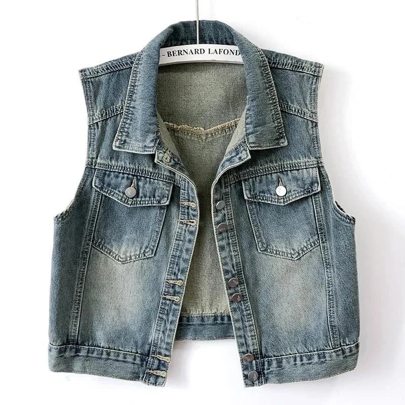 Retro Denim Jeans Vest Coat Women's Short Sleeveless Jeans Jacket Spring Autumn Lady Korean Loose Denim Waistcoat Camisole Tops