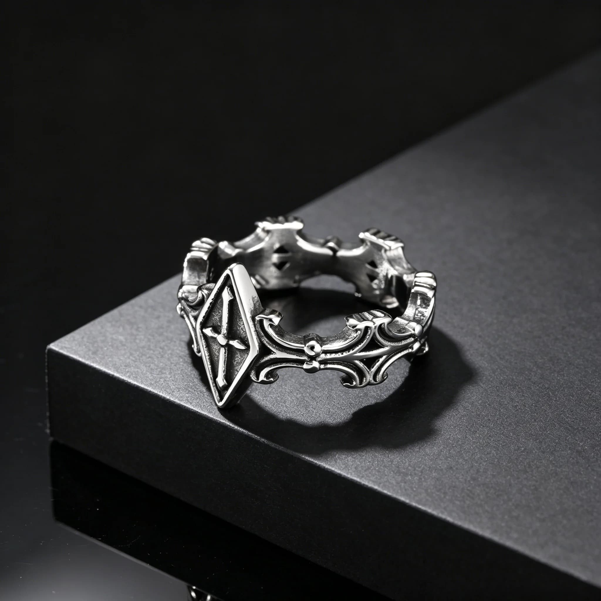 Retro Rhombus Cross Ring for Men, Geometric Carving Stainless Steel Rings, Punk Gothic Cool Jewelry Gift