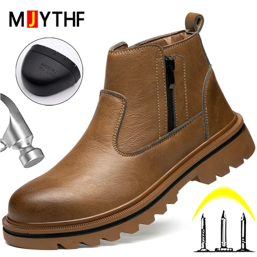 Stivali in pelle marrone Scarpe da uomo con punta in acciaio Stivali antinfortunistici Scarpe da lavoro con cerniera laterale Stivali da uomo Stivali di sicurezza antiforatura