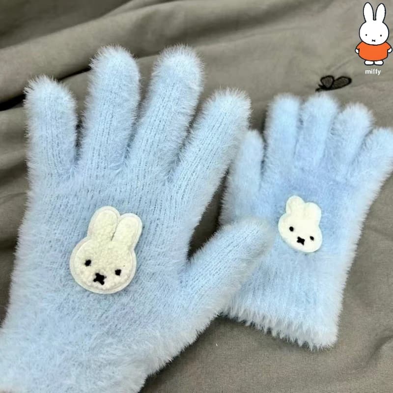 Guanti caldi invernali Miffy Rabbit Peluche antigelo Protezione dal freddo Studenti Ciclismo Imitazione coniglio Velluto Sable Ins Blu latte