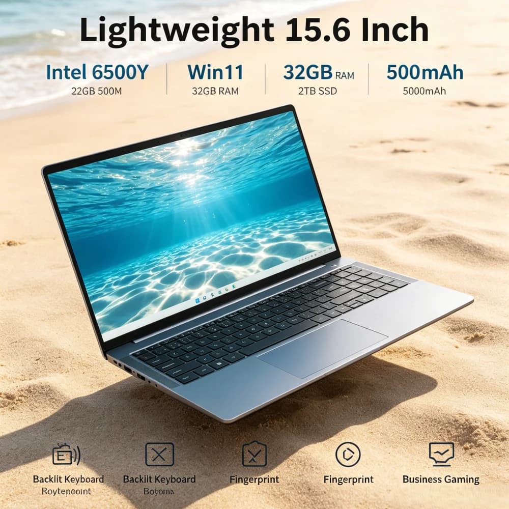 Lightweight 15.6 Inch Laptop Intel 6500Y Win11 32GB RAM 2TB SSD 5000mAh Backlit Keyboard Fingerprint Business Gaming Notebook