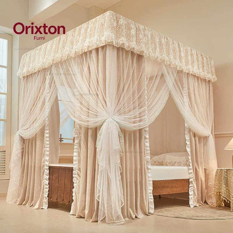 Four Season Bed Curtain Canopy for Girl Room Palace Mosquito Net with Frame Romantic Shading Three-door Bedcover Decor