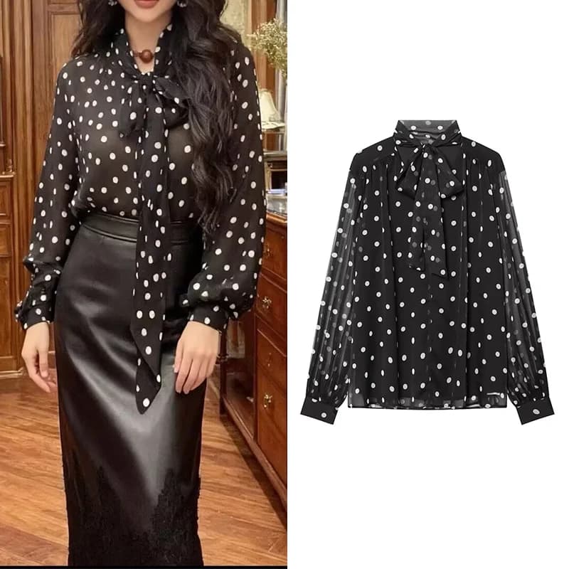 Camicia da Donna 2026 Nuova Moda Primavera Manica Lunga Marrone a Pois Camicia Personalizzata da Donna Top