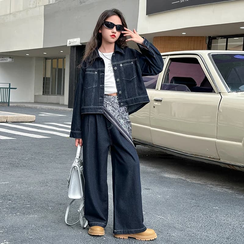 autumn teen girls denim clothes suit Irregular Cowboy jacket+Wide leg pants+Silk scarf 3pcs junior kids jeans set child outfits