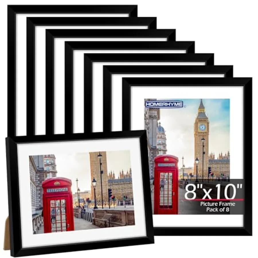 8x10 Picture Frame Set of 8, Black Photo Frames for Tabletop or Wall Display, Fits Pictures 5x7 with Mat or 8x10 Without Mat, F