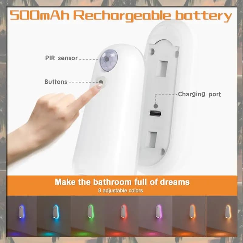 A70U Nuovo proiettore per luce notturna a LED con sensore di movimento per corridoio del bagno, lampada da parete per WC ricaricabile colorata