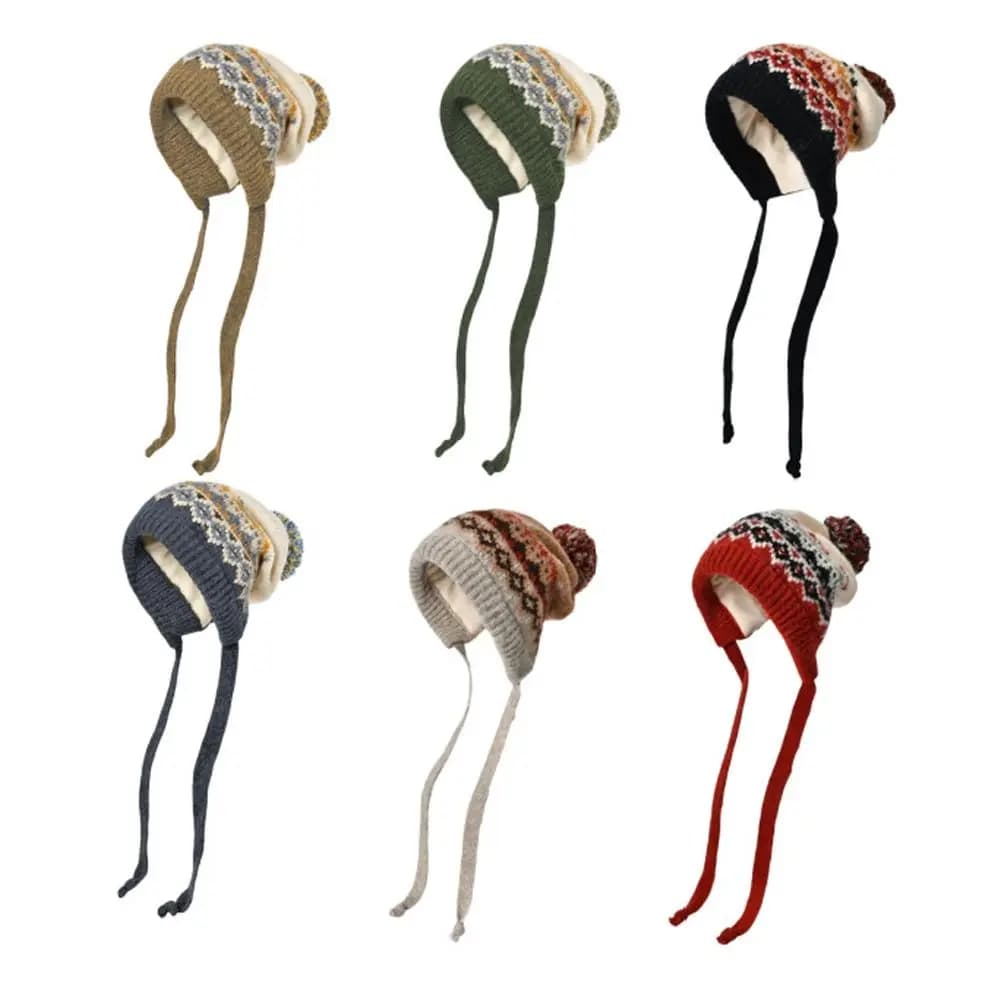 Cappello caldo con pompon alla moda Berretto lavorato a maglia antivento Cappello con protezione per le orecchie addensato a prova di freddo da donna