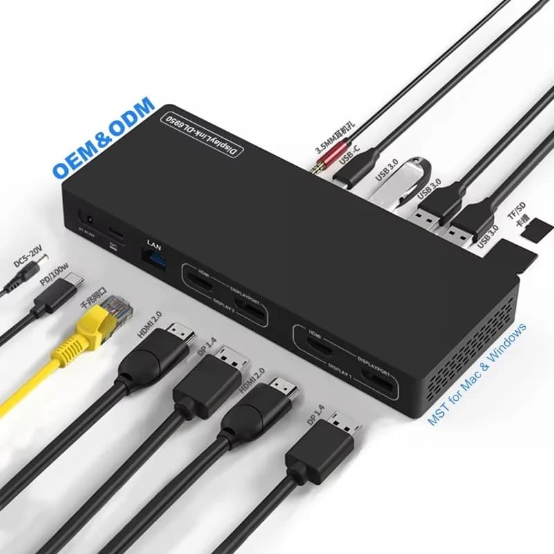 14-In-1 Displaylink MST Multi-Screen Expansion Docking Station Dual HDTV Dual Displayport 4K 60Hz Laptop USB-C USB C Hub for Mac