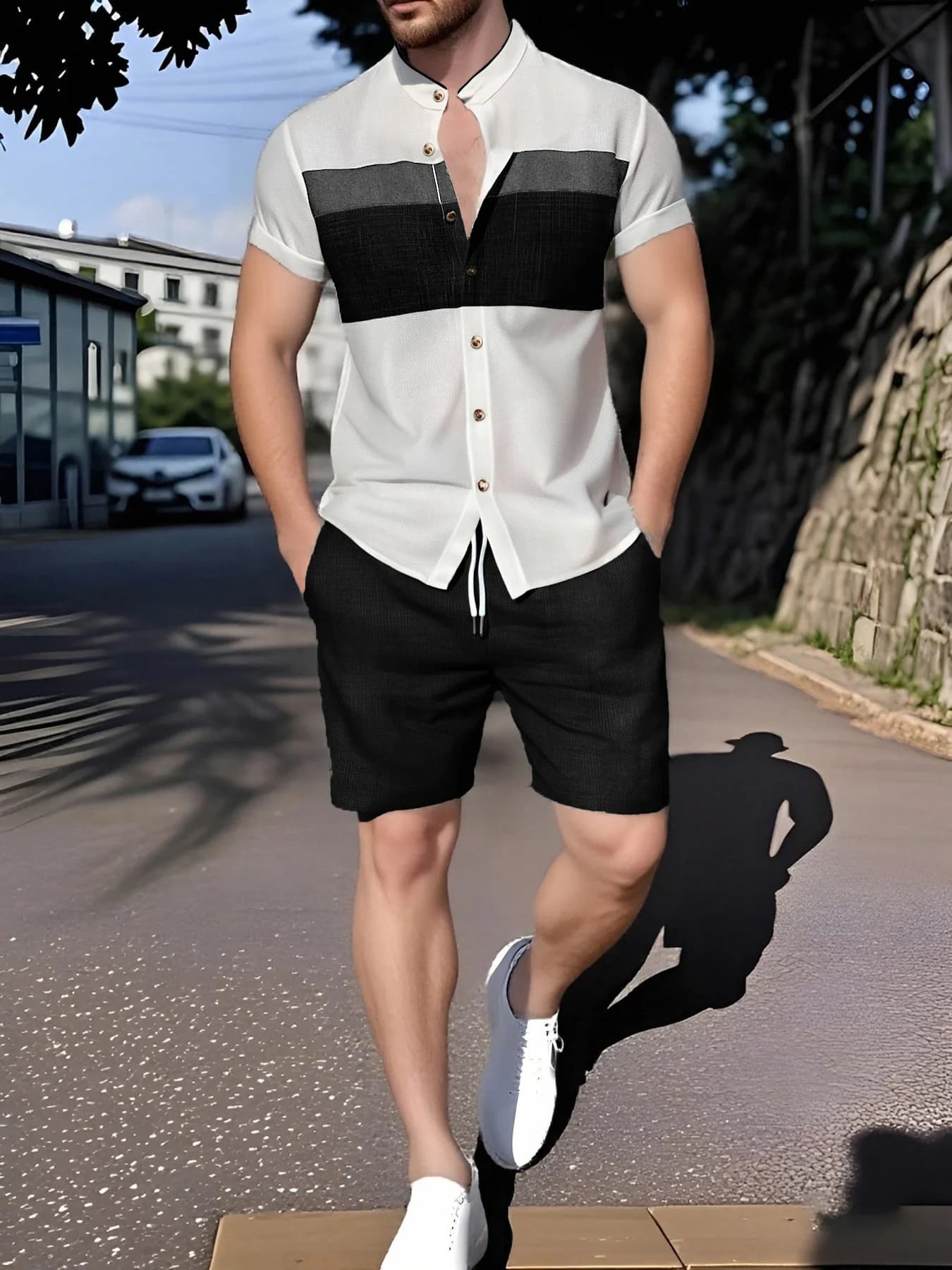 Men's suit in contrasting Chinese style, shirt with chorean collar and half-coating and matching shorts