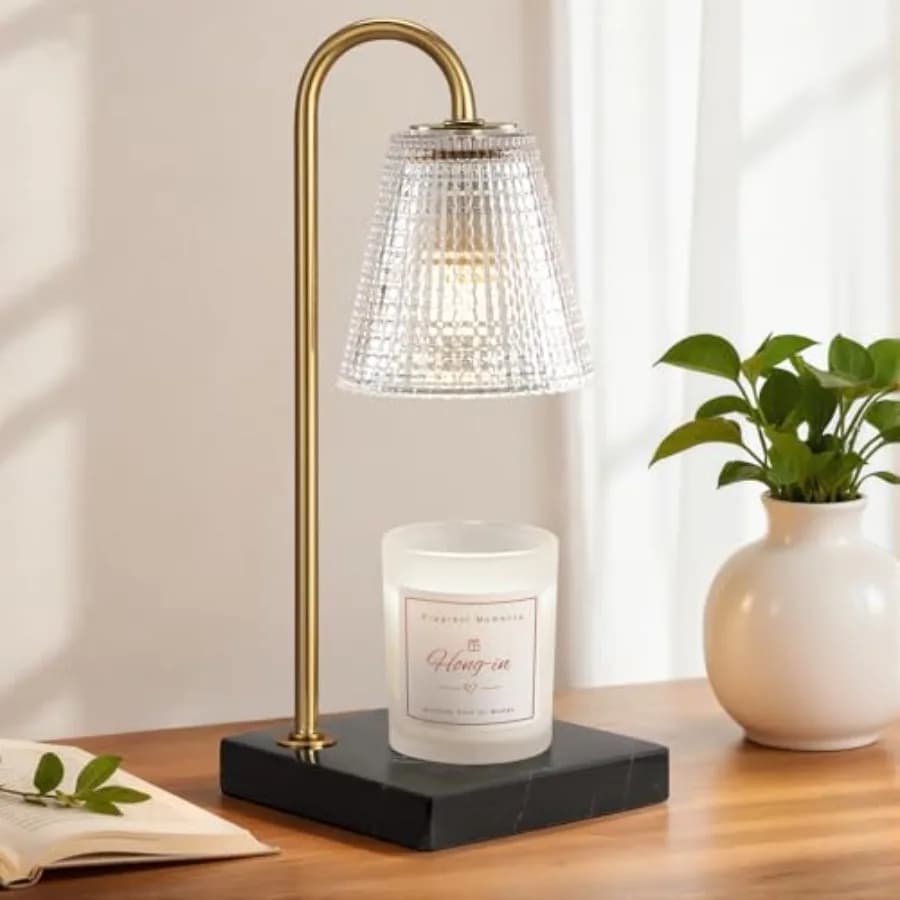 Lampada Scaldacandele Moderna Dorata con Base in Marmo Nero, Diffusore Elettrico per Candele Profumate con Paralume in Vetro, Elegante Kit per la Casa