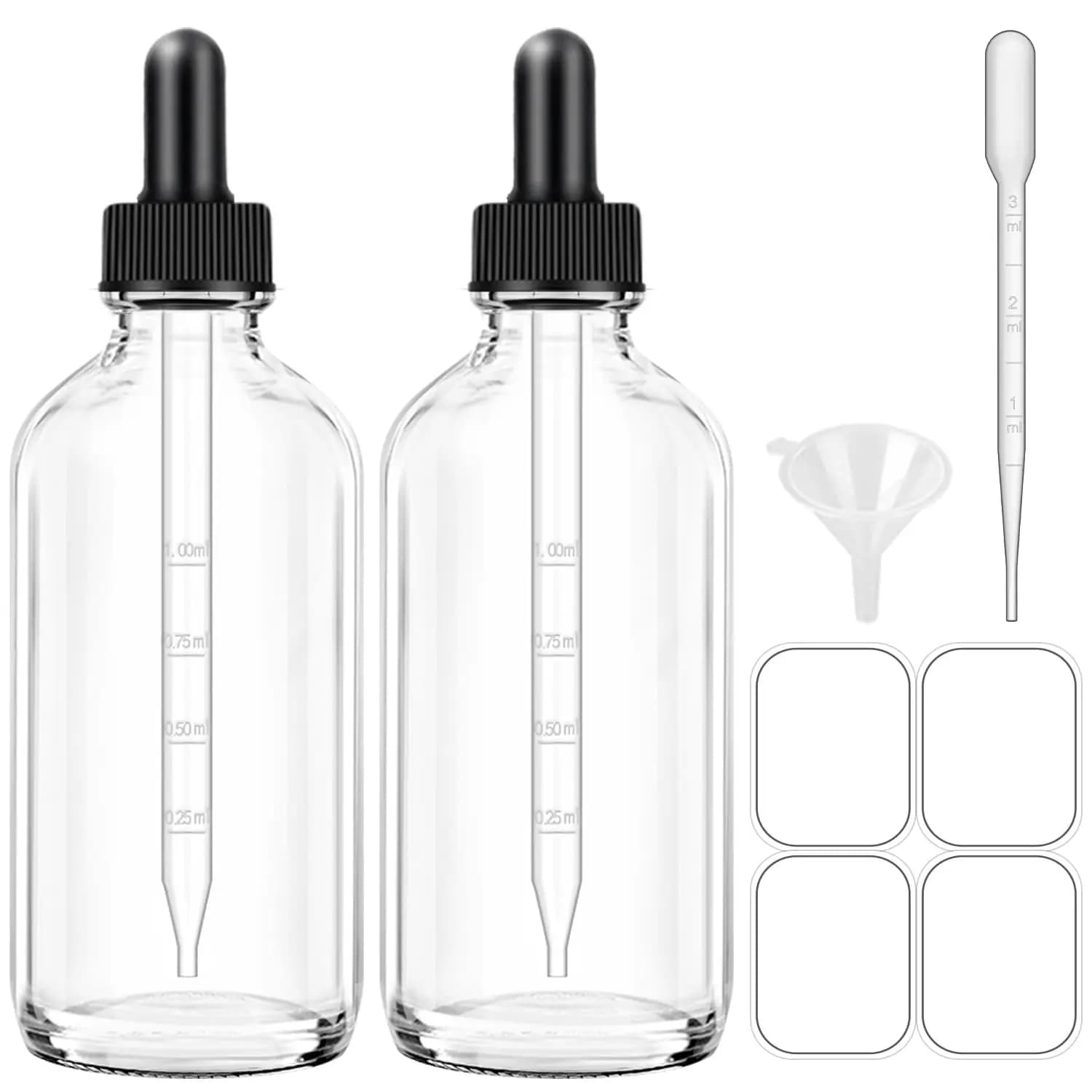 Flaconi Contagocce in Vetro da 4oz (Confezione da 2) con Imbuto, Etichette e Pipetta per Oli Essenziali, Aromaterapia, Tinture - Contagocce in Plastica Infrangibile