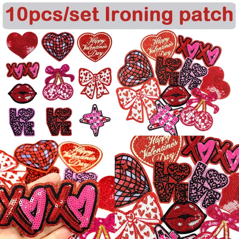 10pcs/set 2026 New Valentine's Day Ironing Patch Lip XOXO Cherry LOVE Glitter Embroidery Patch Clothing T-shirt DIY Accessories