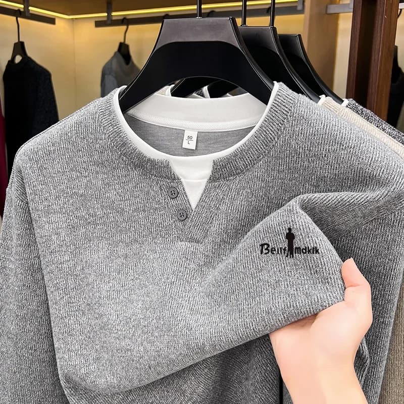 Autumn New Men's Solid Color O-Neck T-Shirt Fake Two‑Piece Designer Soft Long Sleeved Daily Pullover Tops Casual Men's Clothing