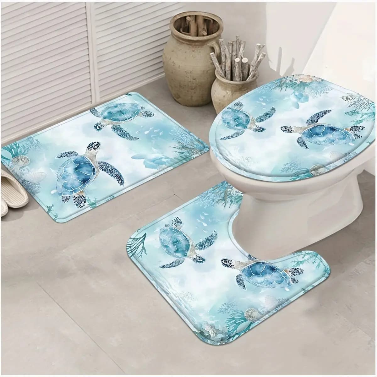 Sea Turtle Nautical Shower Curtain Set – 4-Piece Ocean-Themed Bathroom Decor: Shower Curtain + 12 Matching Hooks + Non-Slip Rug