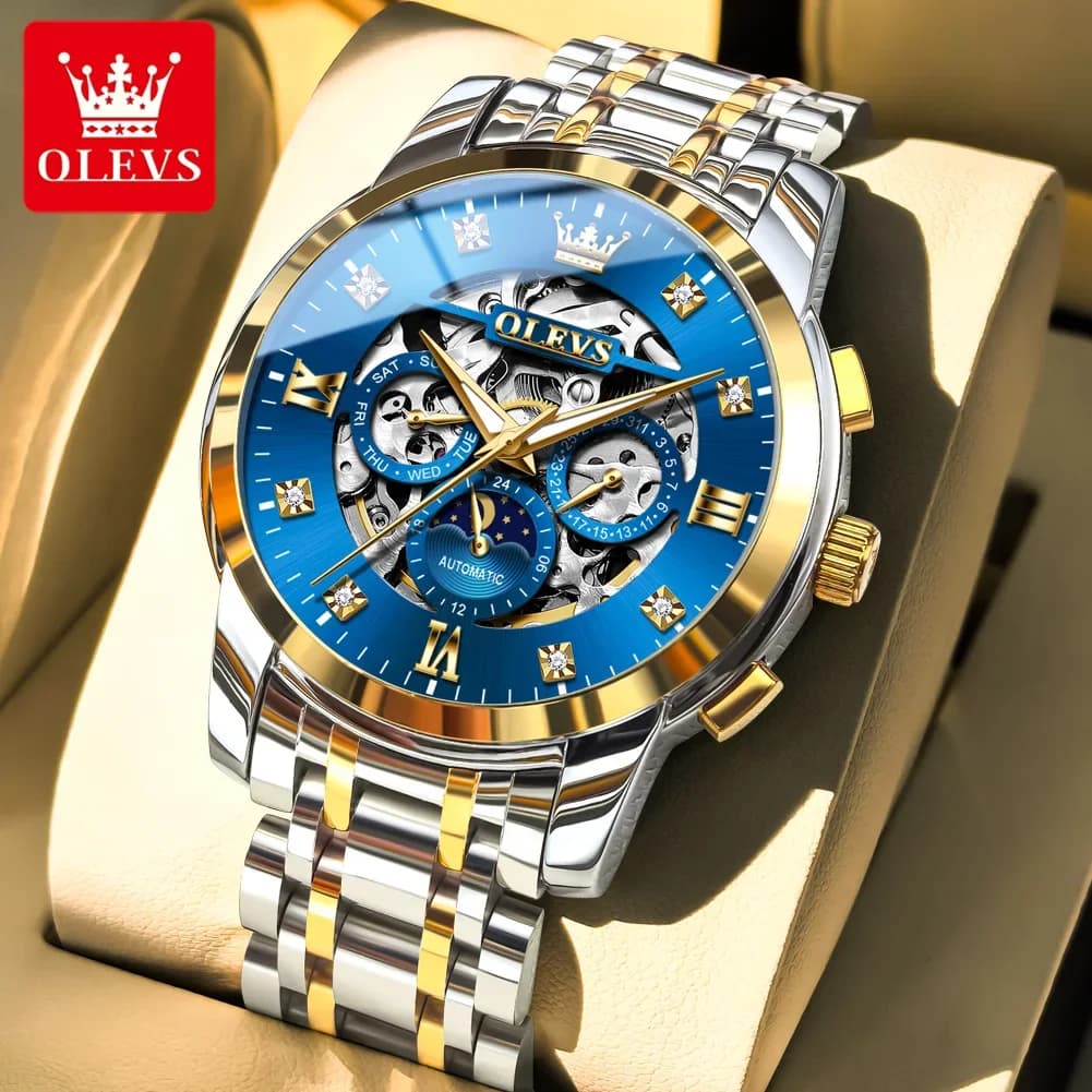 OLEVS 6721 Automatic Watch for Men Luxury Skeleton Moon Phase Men's Bussiness Dress Mechanical Wristwatches