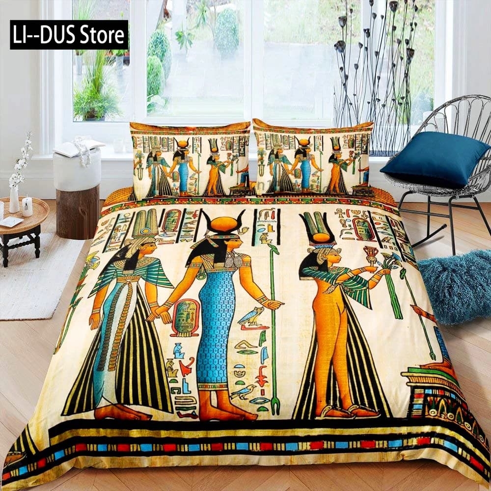 Set copripiumino dell'Antico Egitto Set copripiumino Set biancheria da letto Copripiumino tribale Boho 2 federe Completo Queen King Size 3 pezzi