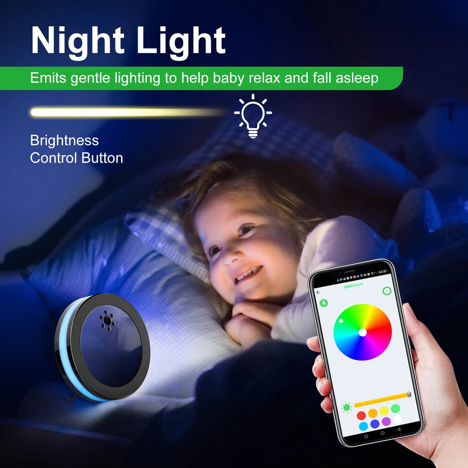 Round WIFI 1080P HD LED Lamp Security Camera Wireless Smart Home Cam with Two-Way Intercom Motion Detection, for Baby Monitoring