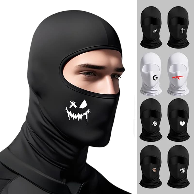 Set 2 Pieces: Unisex Balaclava and Beanie Hat with Integrated Mask, White and Black, in Ice Silk, Solar Protection, Headband for Summers