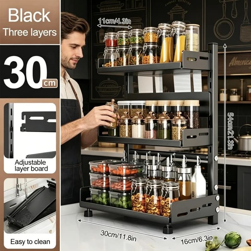 Organizzatore da Cucina a 3 Ripiani Regolabili per Spezie, Salvaspazio, in Metallo, per Piano di Lavoro e Armadietto, Nero