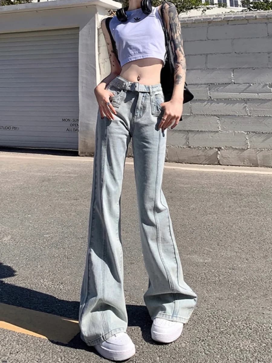 plus Size Women's High Waist Loose Fit Bell Bottom Jeans Slimming Design Long Straight Leggings Fashionable Casual Trousers