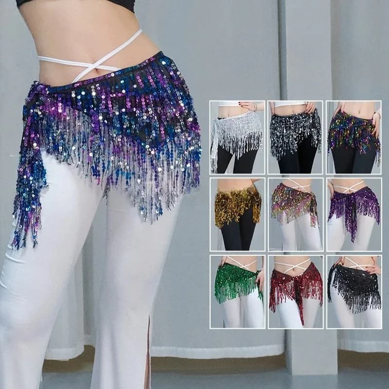 Cintura Economica per Danza del Ventre con Nappe Scintillanti, Fascia per Fianchi Jazz, Sciarpa per Danza con Paillettes e Frange, Cintura Luccicante