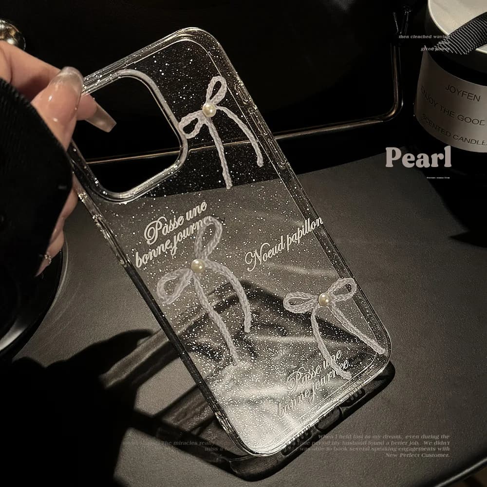 Shiny Bow For iPhone 15 14 13 12 11 Pro Max 1Plus Pearl 3D Shockproof Safe Back Lucky Phone Case